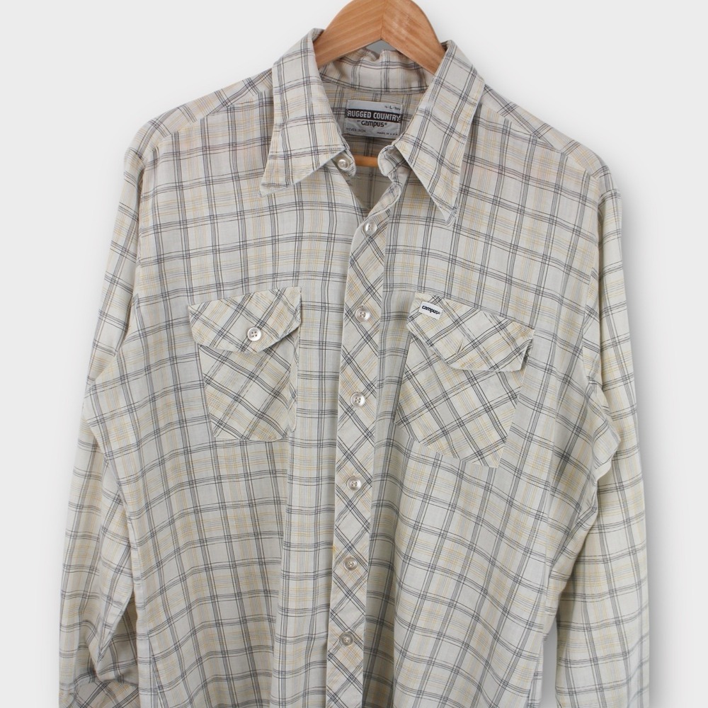 Vintage 70s Plaid Western Shirt USA Made Button Up Cowboy Mens L 16 16.5 - Picture 2 of 5